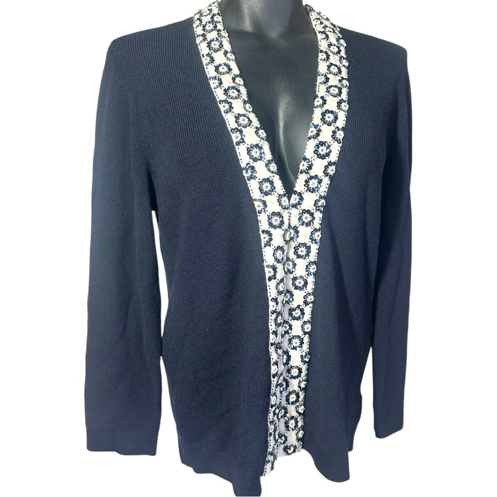 Tory Burch Merino Wool Printed Cardigan Sweater Large Navy Blue Sequins V-Neck - Picture 3 of 13